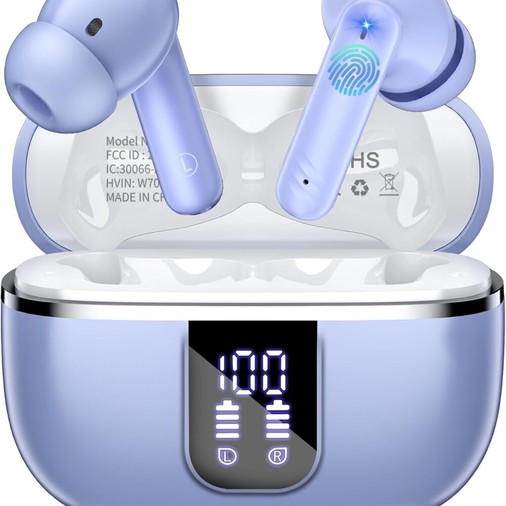 Wireless Earbuds, Bluetooth 5.4 Headphones with 4 Noise Cancelling Mic | 46H In-Ear Buds with 3D Bass Stereo, Small Ears, LED Display, Calls Sports Workout, IPX7 Earphones for Android iOS.Light Blue