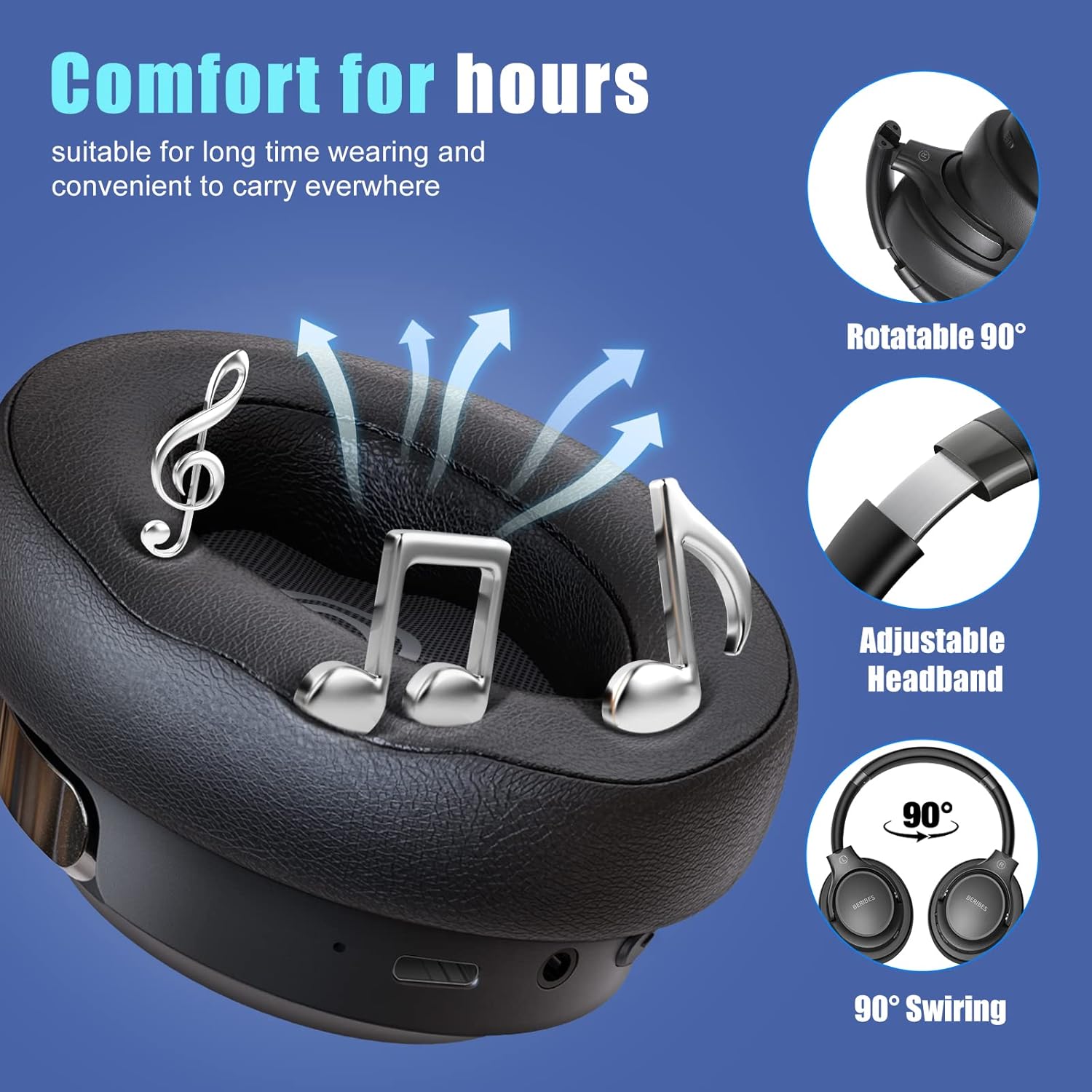 BERIBES Bluetooth Headphones Over Ear Wireless HiFi Stereo Headsets 65H 6EQ | Bluetooth 6.0,with Built-in HD Mic,Foldable Lightweight,Comfort Fit,Fast Charging,Deep Bass for Home Office Cellphone PC Ect. - Image 4